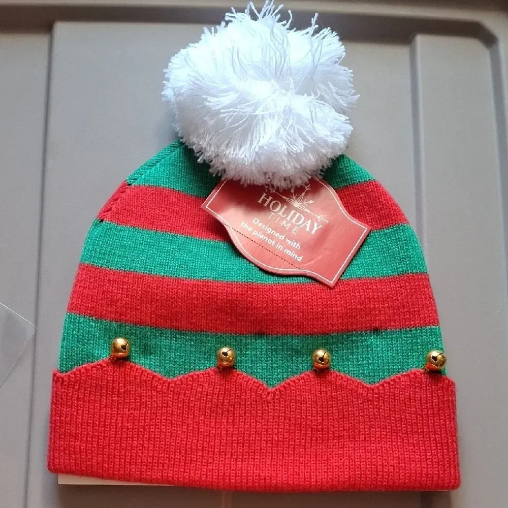 Holiday Time Red and Green Kids Hat with White Pom Pom & Bells (Hat006)
